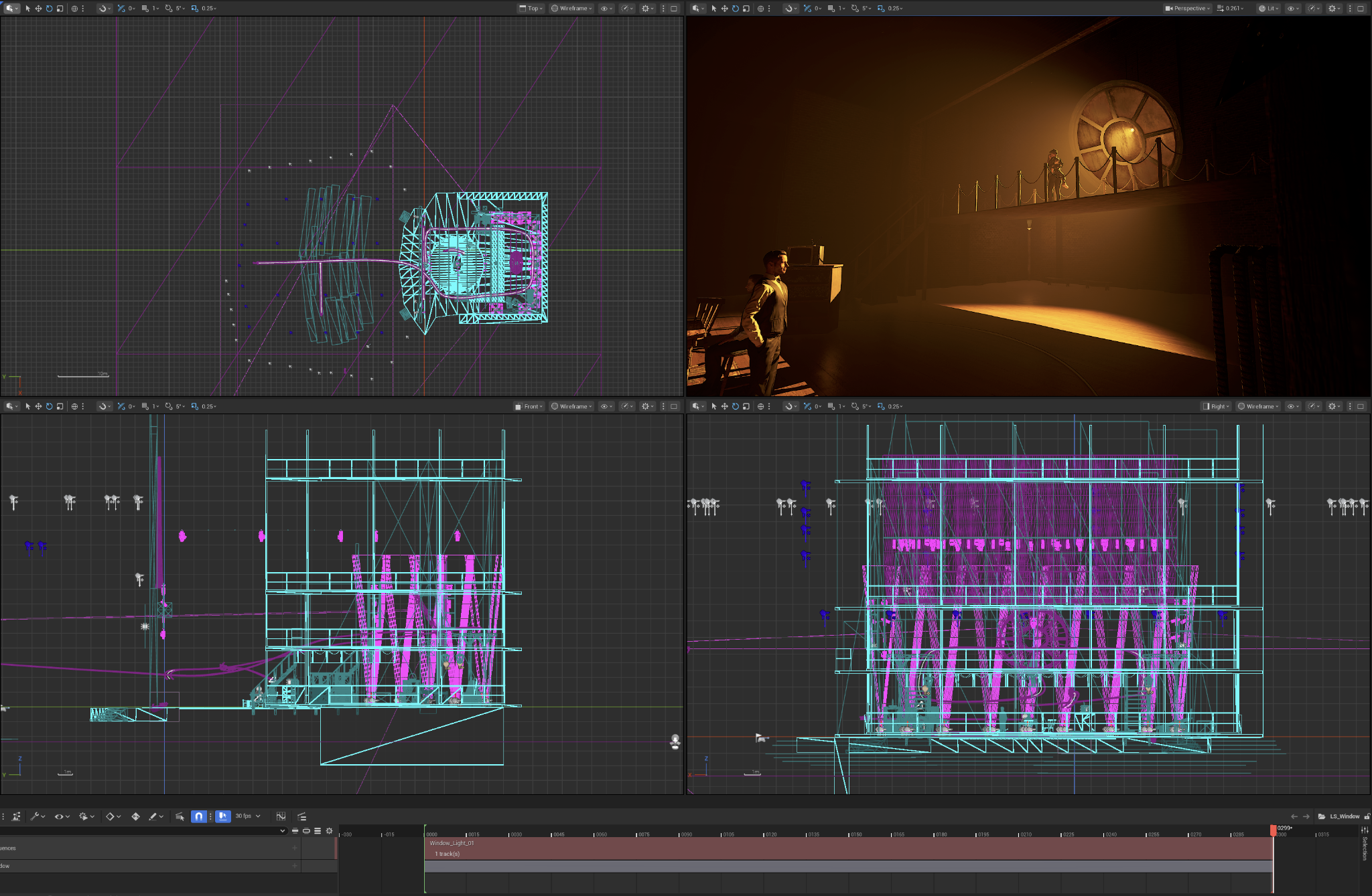Unreal Engine scene and wireframe